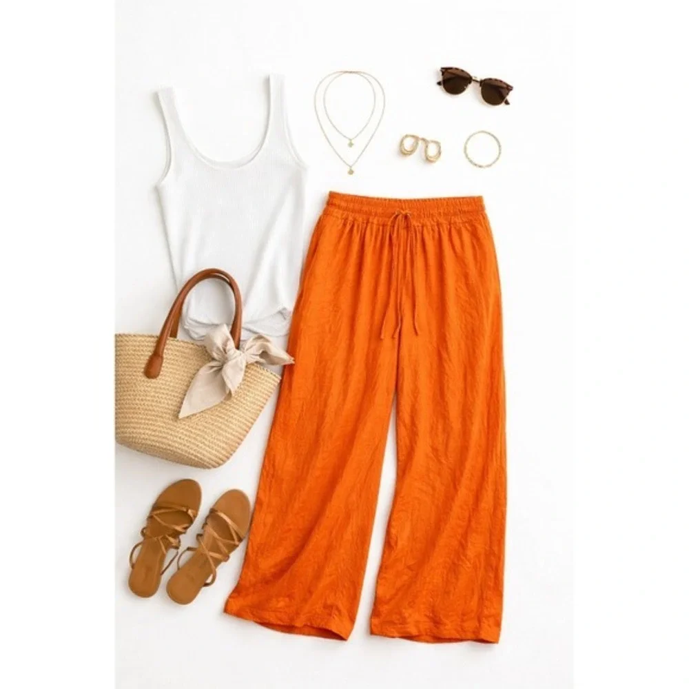 COS Wide Leg Pants Orange Textured Elastic Waist Drawstring Size US 10